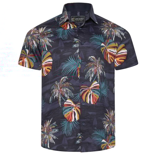 KAM Palm Print Shirt Navy